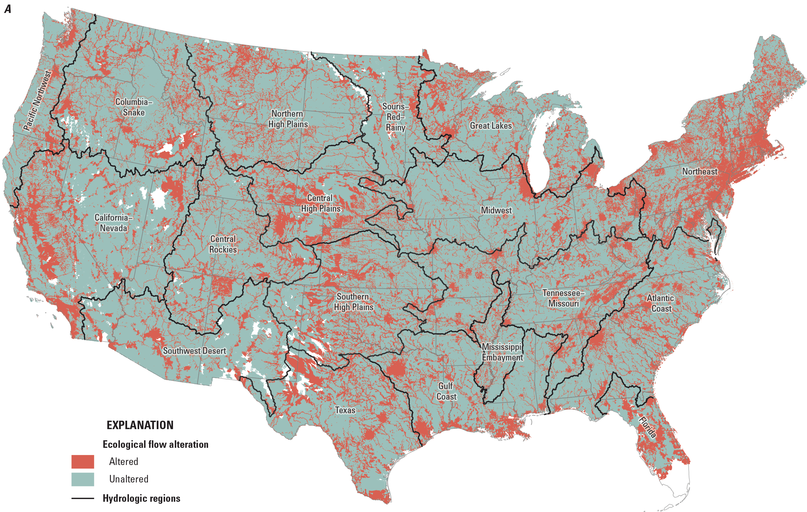 Figure 8A is a map of the conterminous United States (CONUS) highlighting streamflow
                        lines, which are believed to have flows altered in such a way that this alteration
                        is detrimental to ecosystem health there. Highlighted lines are distributed throughout
                        the CONUS, with concentrated areas in the Northeastern United States, Great Plains,
                        California Central Valley and Florida. Figure 8B is a bar chart arranged horizontally
                        with hydrologic region labels on the y-axis and percentage of river miles labeled
                        on the x-axis. The Northeast, Florida, and Central High Plains hydrologic regions
                        have the highest coverage of altered streamflow lines, whereas the Desert Southwest,
                        Souris–Red–Rainy, and Columbia–Snake hydrologic regions have the lowest coverage of
                        altered streamflow lines.