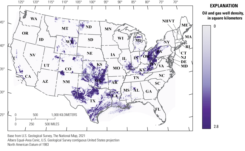 Production is primarily in the Appalachian foreland basin, the south-central United
               States, and in isolated Rocky Mountain basins.