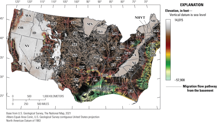 Migration flow lines show fluid flow directions up dip from structural lows in the
               basement map.