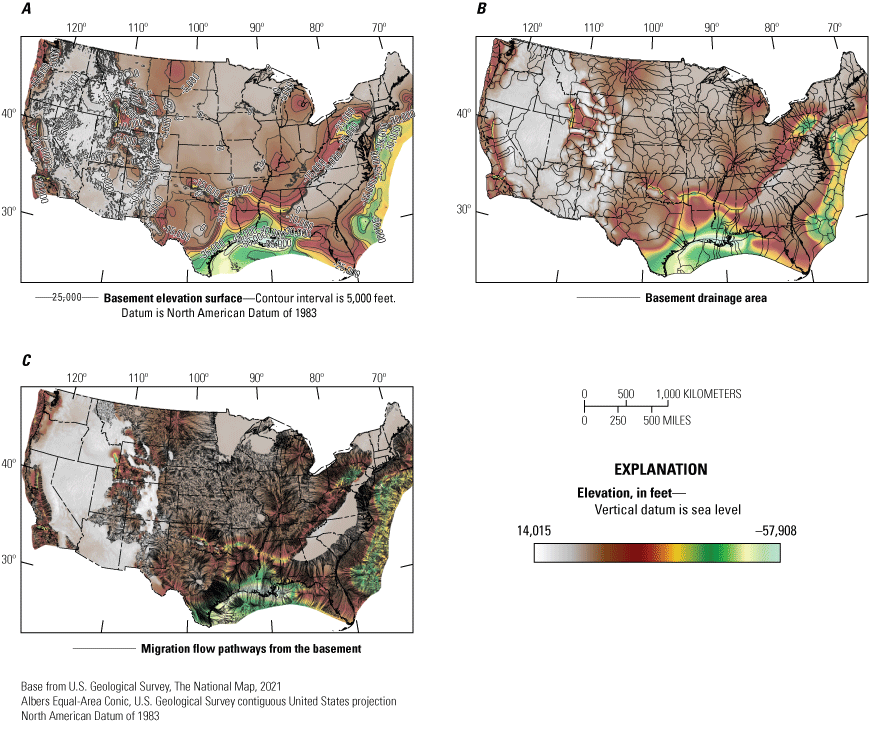 Basement structure and lateral migration flow lines show directions of fluid flow.