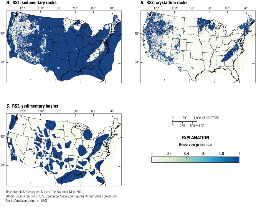 Reservoir presence maps highlight regions with sedimentary rocks present.