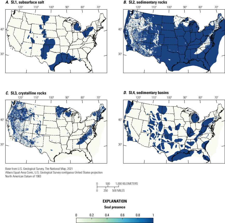 Seal presence maps highlight regions with sedimentary rocks present.