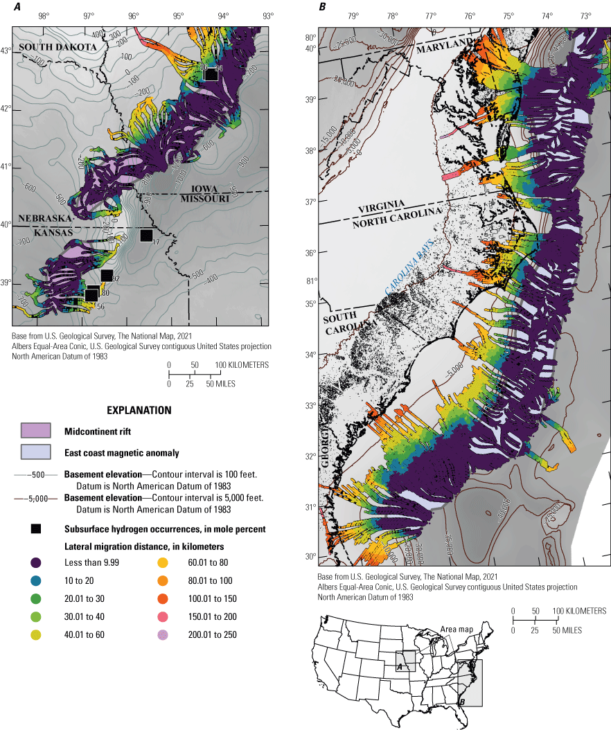 Lateral migration flow lines indicate migration towards known hydrogen occurrences.