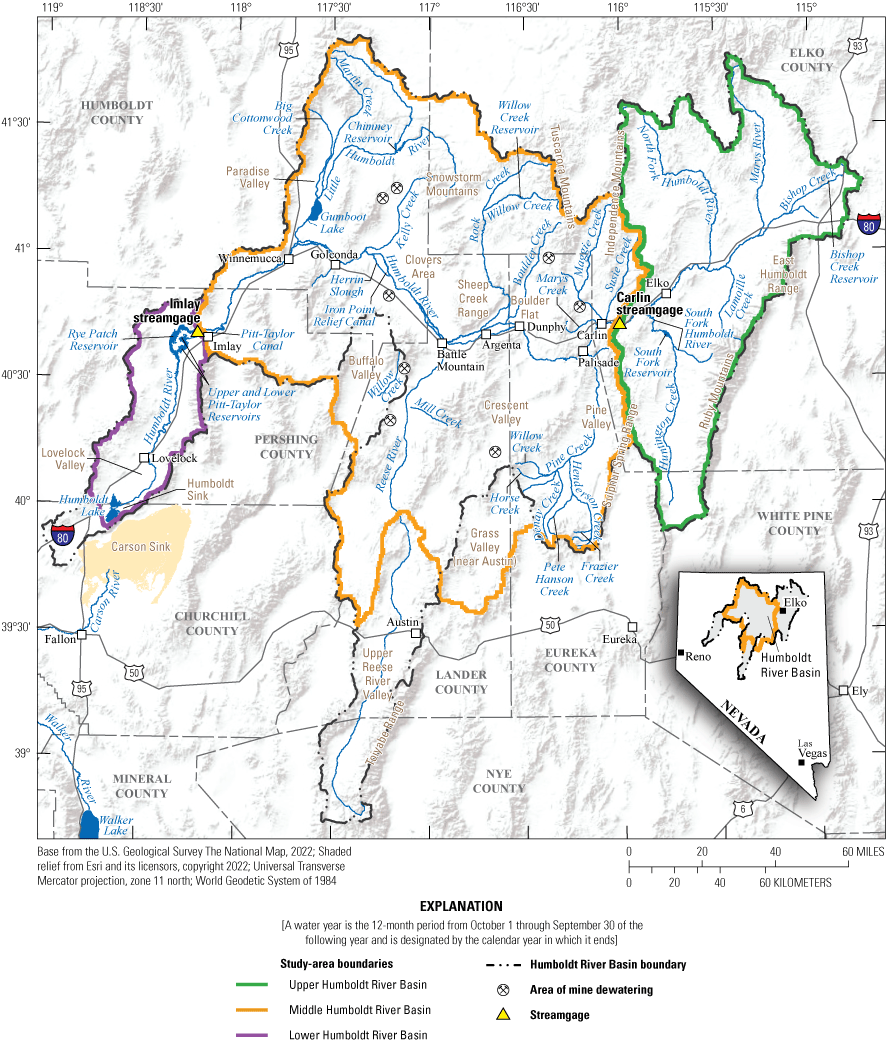 1. The topography of the Humboldt River Basin in northern Nevada and major river systems
showing mountainous terrain and river valleys.