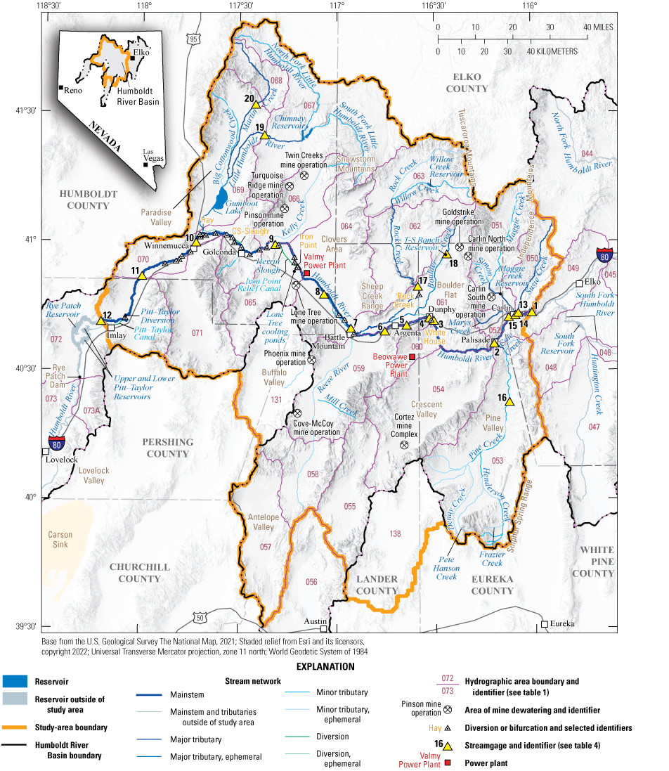 2. The middle Humboldt River Basin hydrologic features, hydrographic areas, streams,
mines, diversions, and streamgages.