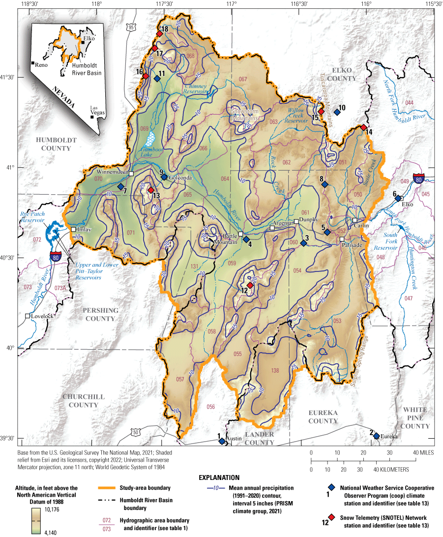 3. Mean annual precipitation contours, climate stations, and Snow Telemetry Network
stations in middle Humboldt River Basin.