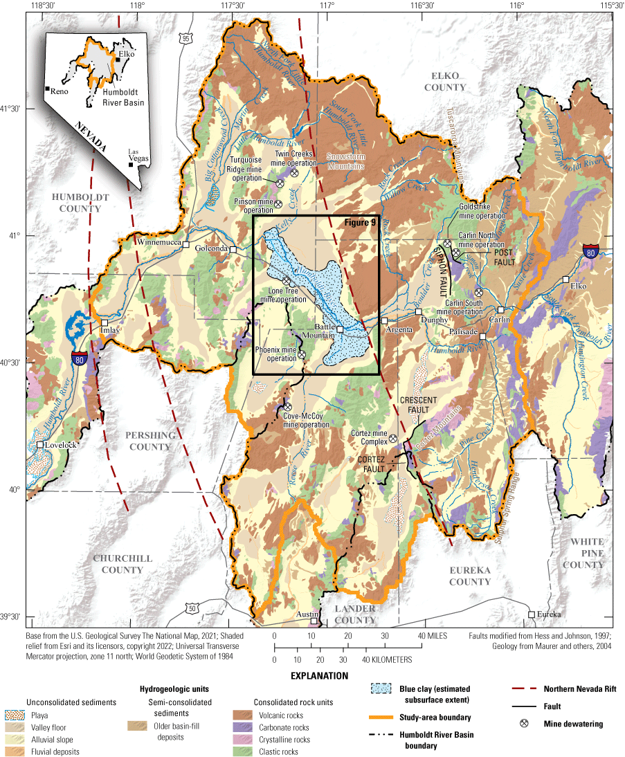 7. Hydrogeologic units and major geologic structures of the middle Humboldt River
Basin, Nevada.