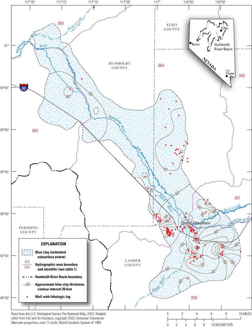 9. Extent and thickness of blue lacustrine clay near Battle Mountain, Nevada.