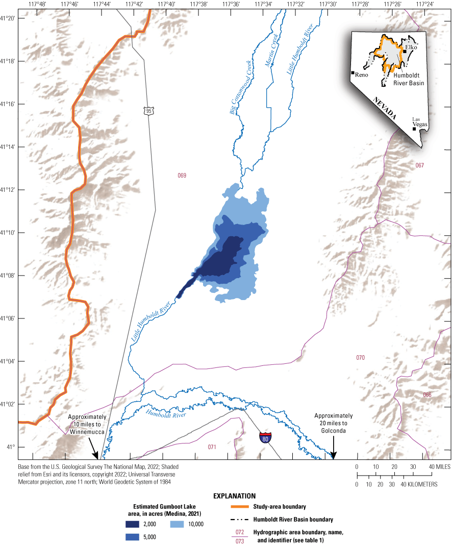 12. Estimated Gumboot Lake extent for areas of 2,000, 5,000, and 10,000 acres.