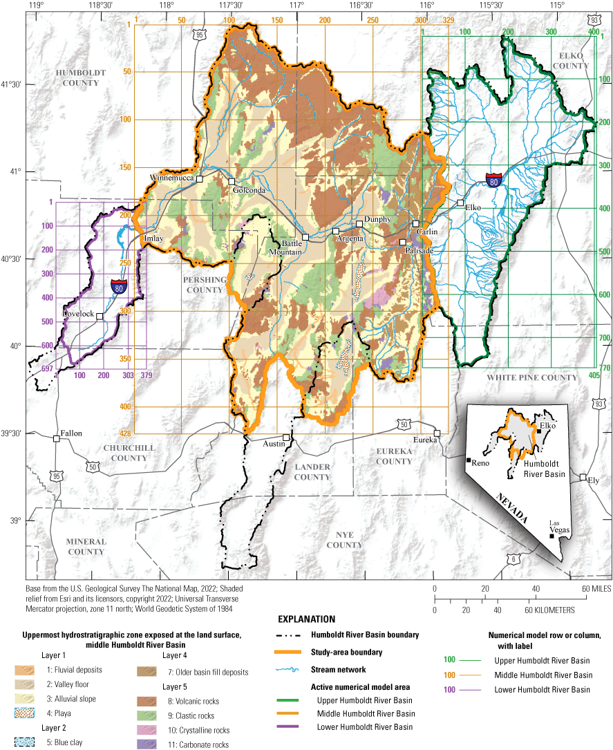 16. Model extents and grids for the lower, middle, and upper Humboldt River Basin
groundwater models, Nevada.