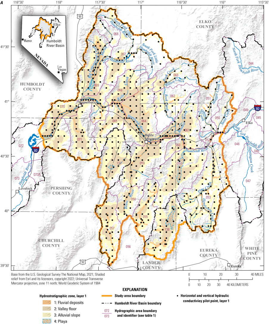 17. Hydrostratigraphic zones and pilot points used for the distribution of aquifer
properties used in the numerical model.