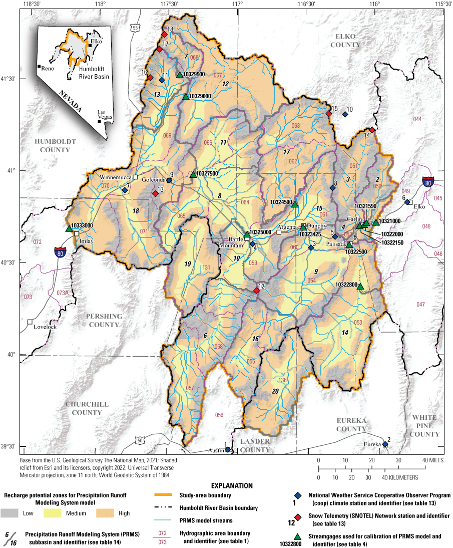 19. Precipitation Runoff Modeling System subbasins, climate stations, streamgages,
stream network, and recharge zones.