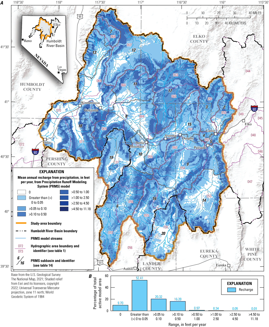 23. Mean annual recharge for the Precipitation Runoff Modeling System model and histogram
of rate classes for the model area.