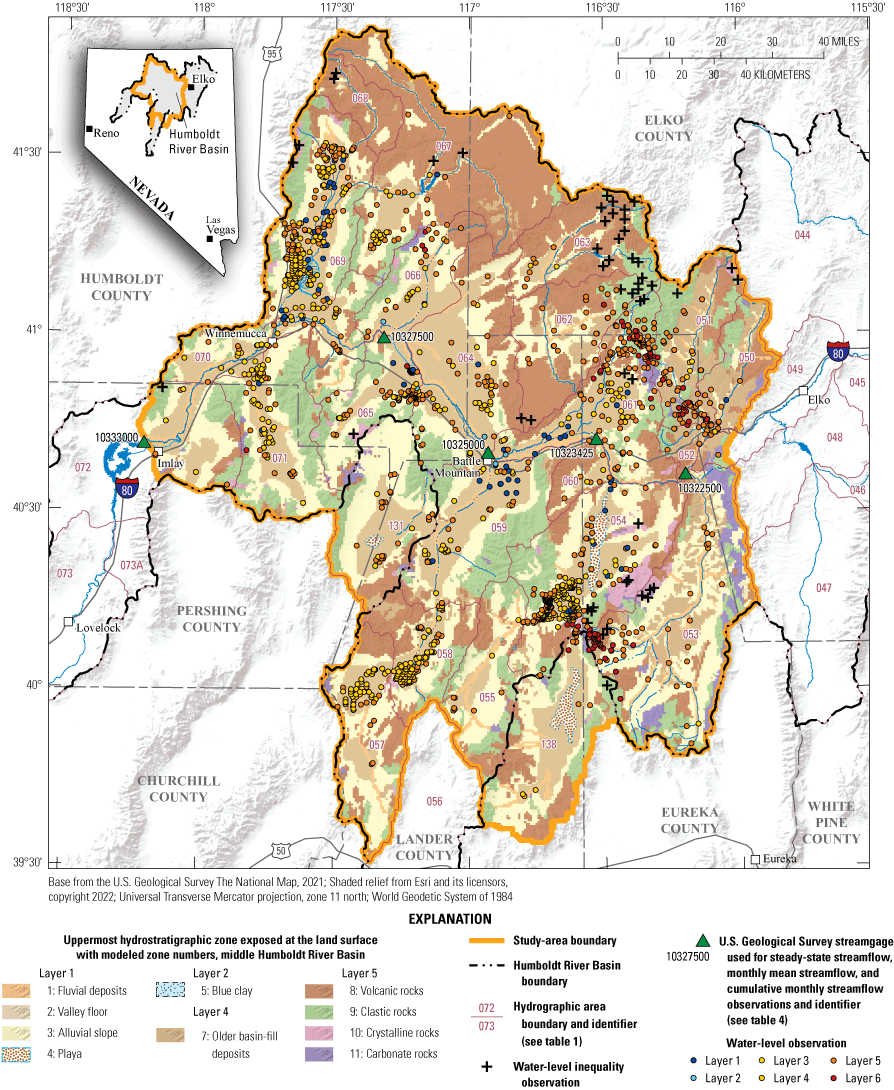 28. Water level, streamflow, and cumulative streamflow observation locations used
for numerical model calibration.