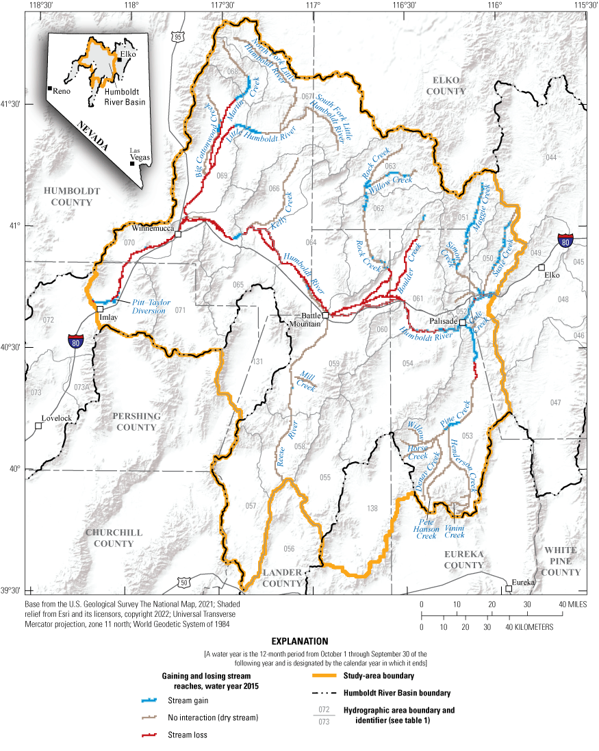 37. Simulated gaining and losing stream reaches for water year 2015 in the middle
Humboldt River Basin.