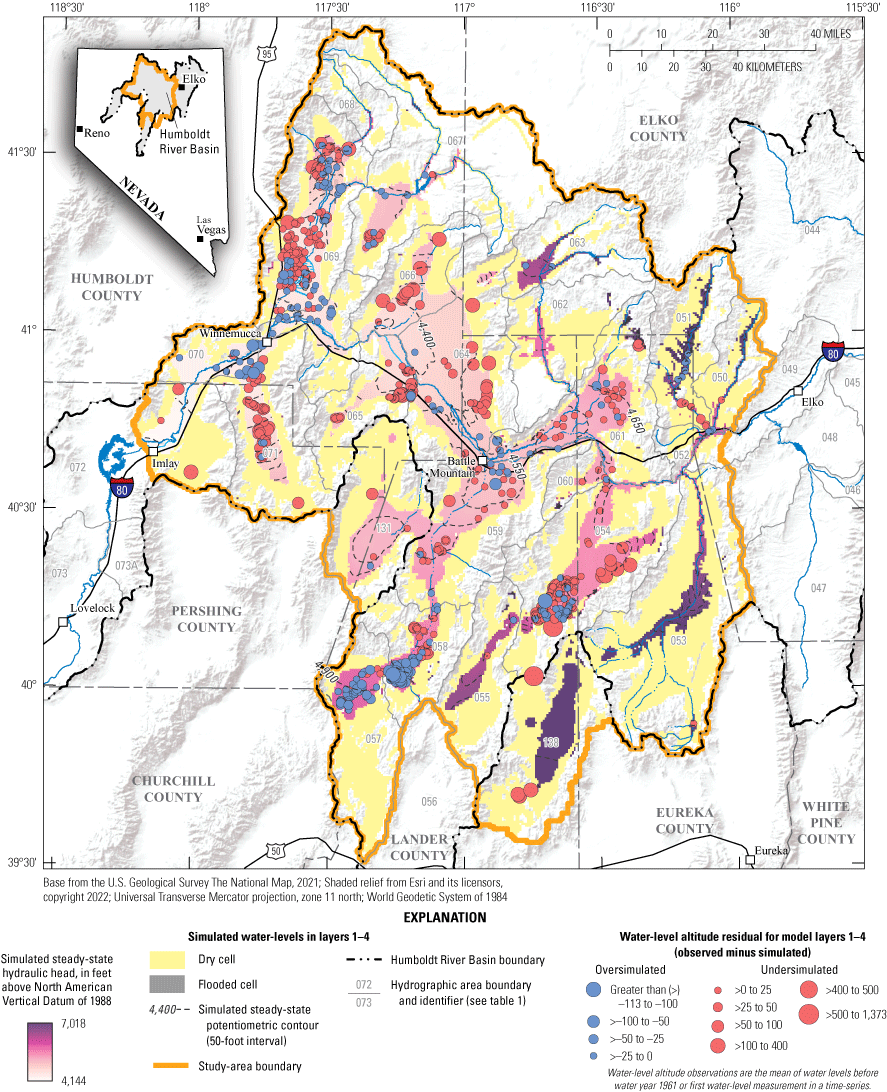 39. Water-level altitude residuals for wells in model layers 1–4 and steady-state
potentiometric surface of model layers 1–4.