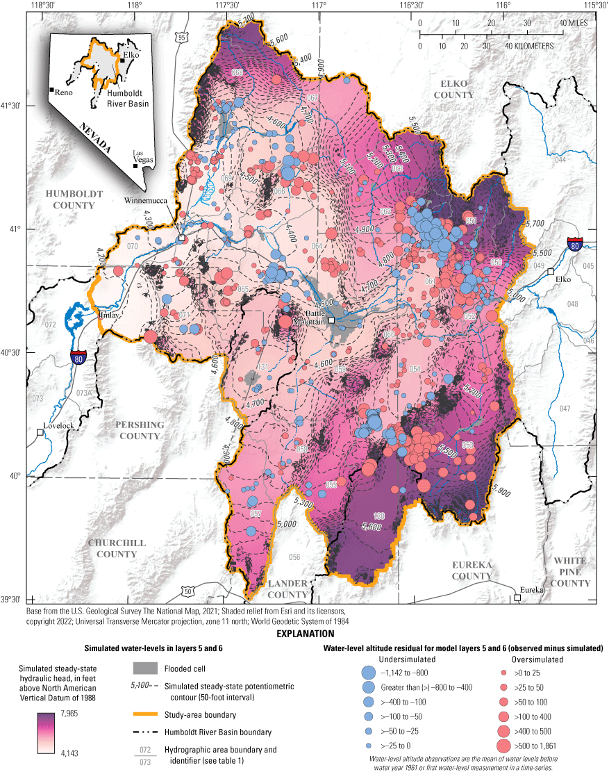 40. Water-level altitude residuals for wells in model layers 5 and 6 and steady-state
potentiometric surface of model layers 5 and 6.