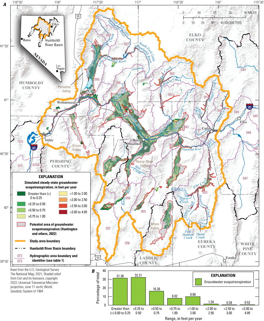43. Simulated steady-state groundwater evapotranspiration compared to estimated groundwater
evapotranspiration area and histogram of simulated groundwater evapotranspiration
rates.