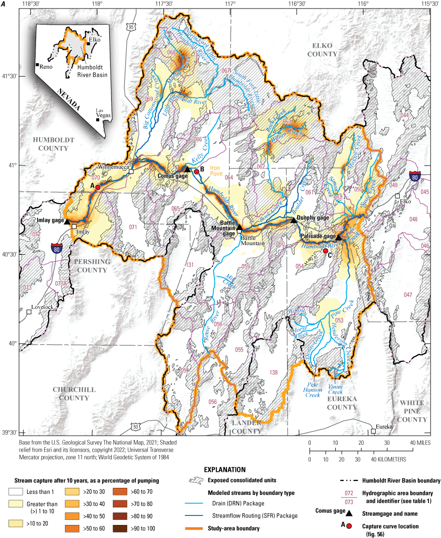 54. Model-estimated potential stream-capture fractions for wells pumping for 10 years,
25 years, 50 years, and 100 years.