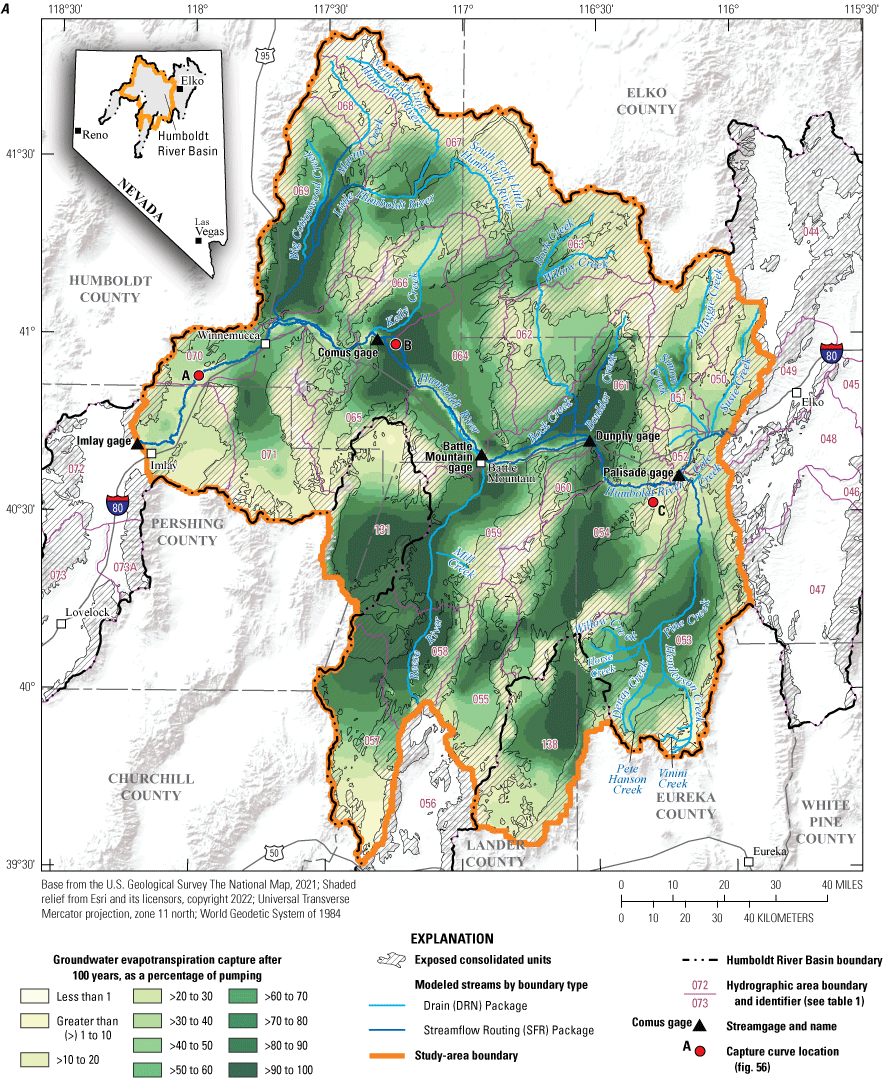 55. Model-estimated capture fractions for 100 years of pumping for groundwater evapotranspiration
capture and storage change.