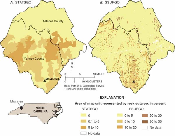 Percentage of rock outcrop in (A) STATSGO and (B) SSURGO map units, Mitchell and Yancey Counties, North Carolina. For a more detailed explanation, contact Helaine Markewich at helainem@usgs.gov.