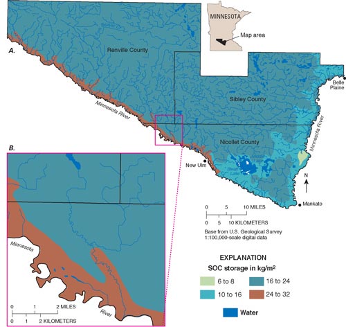 (A) Soil organic carbon (SOC) storage, depth interval from 0 to 100
      centimeters, for mineral soils in Nicollet, Renville, and Sibley Counties,
      Minnesota. Storage estimated for site-specific data linked to STATSGO map
      units. Data are for soils classed to the series level. (B) Area outlined
      in A showing relatively high SOC storage values for map units along the
    Minnesota River. For a more detailed explanation, contact Helaine Markewich at helainem@usgs.gov.