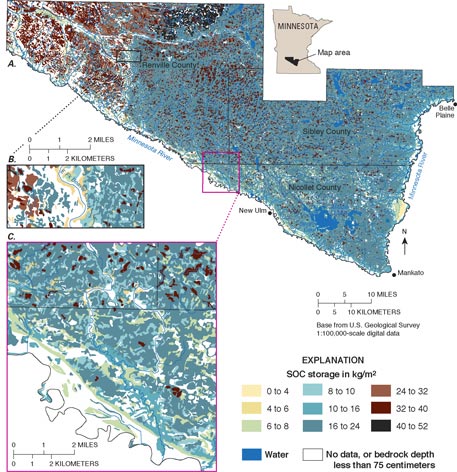 (A) Soil organic carbon (SOC) storage, depth interval from 0 to 100
      centimeters, for mineral soils in Nicollet, Renville, and Sibley Counties,
      Minnesota. Storage was estimated by linking site-specific data to SSURGO
      map units. Data are for soils classed to the series level. Generally, areas
      with SOC storage values greater than 40 kilograms per square meter are associated with poorly drained, closed
      depressions. (B) Area outlined in A, area near a north-south-trending stream
      channel in Renville County. (C) Area outlined in A that includes parts
    of Nicollet, Renville, and Sibley Counties. For a more detailed explanation, contact Helaine Markewich at helainem@usgs.gov.