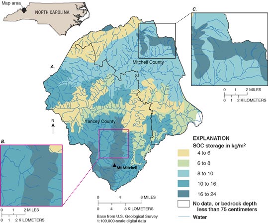 (A) Soil organic carbon (SOC) storage, depth interval from 0 to 100 centimeters, for mineral soils in Mitchell and Yancey Counties, North Carolina. Storage estimated by linking site-specific data to STATSGO map units. Data are for soils classed to the series level. (B) Area outlined in A showing greater SOC storage values for soils on a north-south-trending ridge, 2,800-6,684 feet (ft) (853–2,037 meters (m) altitude). (C) Area outlined in A showing SOC storage values for soils on mountain slopes (4,000-6,300 ft (1,219-1,920 m) altitude) between 8 and 24 kilograms per square meter. For a more detailed explanation, contact Helaine Markewich at helainem@usgs.gov.