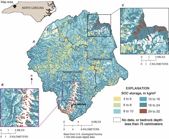 (A) Soil organic carbon (SOC) storage, depth interval from 0 to 100 centimeters,
	  for mineral soils in Mitchell and Yancey Counties, North Carolina. Storage
	  estimated by linking site-specific data to SSURGO map units. Data are for
	  soils classed to the series level. (B) Area outlined in A showing greater SOC storage values for soils on north-facing slopes than for
	  those on south-facing slopes; slopes have about 3,000 feet (900 meters) relief. C) Area outlined in A showing SOC storage values for mountain slopes (4,000-6,300 ft (1,219-1,920 m) altitude) from 16 to 32 kilograms per square meter.For a more detailed explanation, contact Helaine Markewich at helainem@usgs.gov.