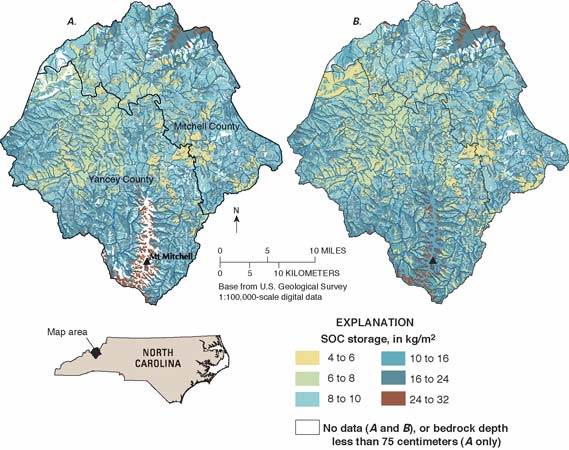 (A) Soil organic carbon (SOC) storage, depth interval from 0 to 100 centimeters, for mineral soils in Mitchell and Yancey Counties, North Carolina. Storage estimated by linking site-specific data to SSURGO map units. Data are for soils classed to the series level. No-data areas, shown in white, include map units for which there are no data or for which depth to bedrock is less than 75 cm. (B) Same as A, except that areas shown in white include only those map units for which there are no data. Carbon storage for shallow soils (depth to bedrock less than 75 cm) is mapped in B as long as there are SOC data available for the entire soil profile from the surface to bedrock. If the primary purpose of the SOC inventory is soil-carbon accounting rather than comparison of SOC data sources, B presents a more appropriate scenario. For a more detailed explanation, contact Helaine Markewich at helainem@usgs.gov.