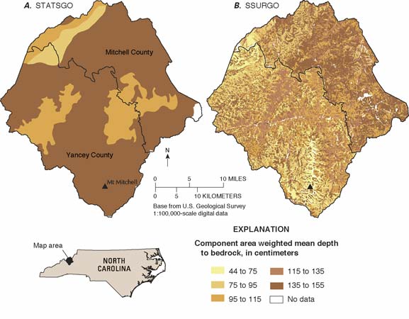 Component area-weighted mean depth to bedrock for (A) STATSGO and (B) SSURGO map units, Mitchell and Yancey Counties, North Carolina. For a more detailed explanation, contact Helaine Markewich at helainem@usgs.gov.