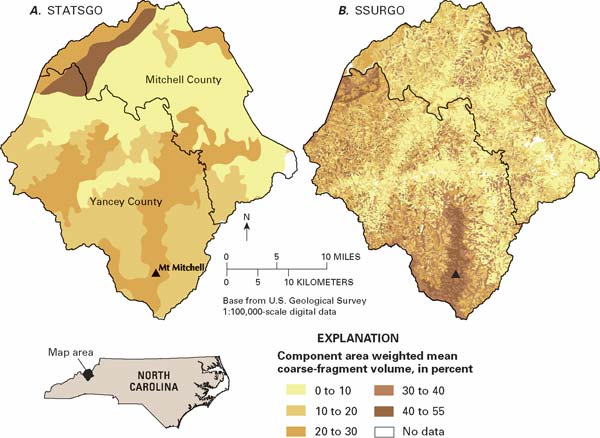 Component area-weighted mean coarse-fragment volume, depth interval from 0 to 100 centimeters, for (A) STATSGO map units and (B) SSURGO map units, Mitchell and Yancey Counties, North Carolina. For a more detailed explanation, contact Helaine Markewich at helainem@usgs.gov.