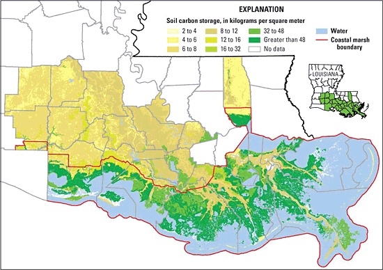 Mississippi River deltaic plain soil/sediment organic carbon (SOC) storage in the surface meter of soil/sediment.