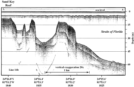 Sample seismic profile (1997) shows three of four tracts of outlier reefs off Sand Key Reef in the lower Keys.