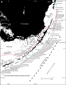Index map shows locations of named reefs and shoals in the upper Keys and northeastern middle Keys, delineated by dashed lines.