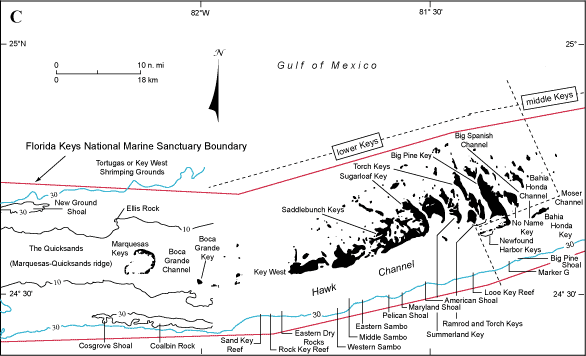 Index map shows locations of named reefs and shoals in the western middle and lower Keys, delineated by dashed lines.