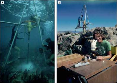 Hydraulic core drill being used to core (A) a coral reef at Grecian Rocks in the upper Florida Keys and (B) (after adaptation), an uplifted and exposed algal reef at Scorpion Mound in the Sacramento Mountains outside Tularosa, New Mexico.