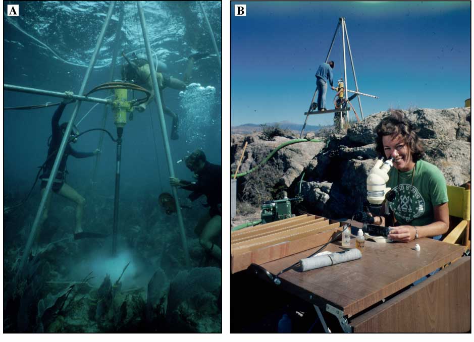 Hydraulic core drill being used to core (A) a coral reef at Grecian Rocks in the upper Florida Keys and (B) (after adaptation), an uplifted and exposed algal reef at Scorpion Mound in the Sacramento Mountains outside Tularosa, New Mexico.