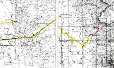 Topographic maps show approximate elevations above present sea level in areas of (A) Scorpion Mound and (B) Muleshoe Mound. 