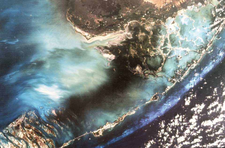Enhanced Thematic Mapper Plus image, acquired in May 2000 from the Landsat 7 satellite, shows the four geographic components of the South Florida Ecosystem: the Everglades (south part), Florida Bay, the Florida Keys, and the reef tract.