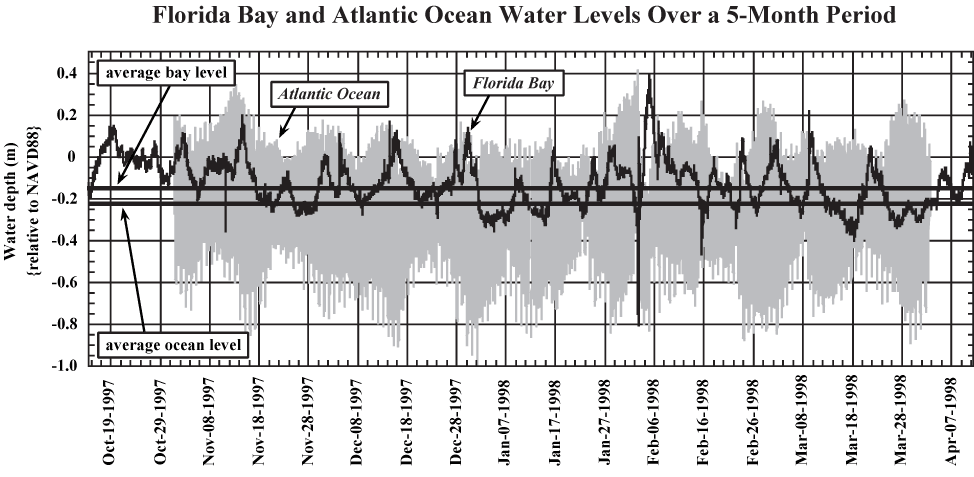 Graph shows five-month plot of water-level fluctuations in Florida Bay and the Atlantic Ocean.