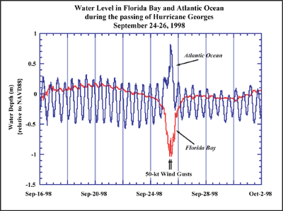 Plot shows surface-water level at well clusters in Florida Bay and the Atlantic Ocean during passage of Hurricane Georges