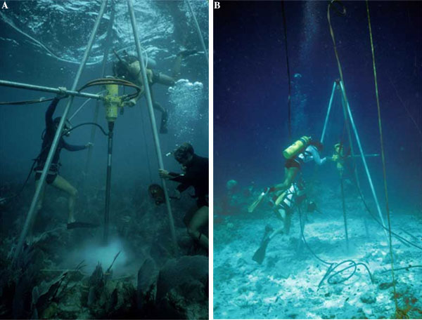 Photos of divers drilling core 4 and core 7 at Grecian Rocks.