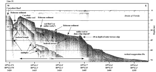 Seismic profile (1991) shows shelf-margin features at Carysfort Reef