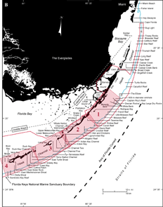 Index map shows locations of named reefs and shoals in the upper Keys and northeastern middle Keys