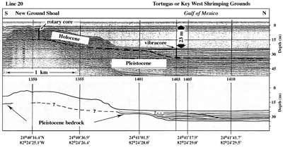 Seismic profile and interpretation show geology across the reef at New Ground Shoal and into Key West Shrimping Grounds
