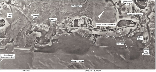 Aerial photo (1991) shows sinuous intra-island tidal channels in areas around Lower Matecumbe Key