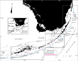 Index map of south Florida shows location of major geographic features, major coral reefs along the shelf margin (blue depth contour, in meters), and colored transects of three studies (in small box) that examined skeletal grains in surface sediments