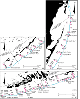 Enlarged insets A-C (from Figure 59) show numbered 1989 sample sites (red dots of Lidz and Hallock, 2000), relative to the keys (dashed lines), tidal passes, and the shelf margin (blue depth contour, in meters).