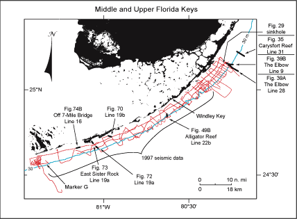 Index map shows USGS seismic tracklines (red) in upper and middle Florida Keys